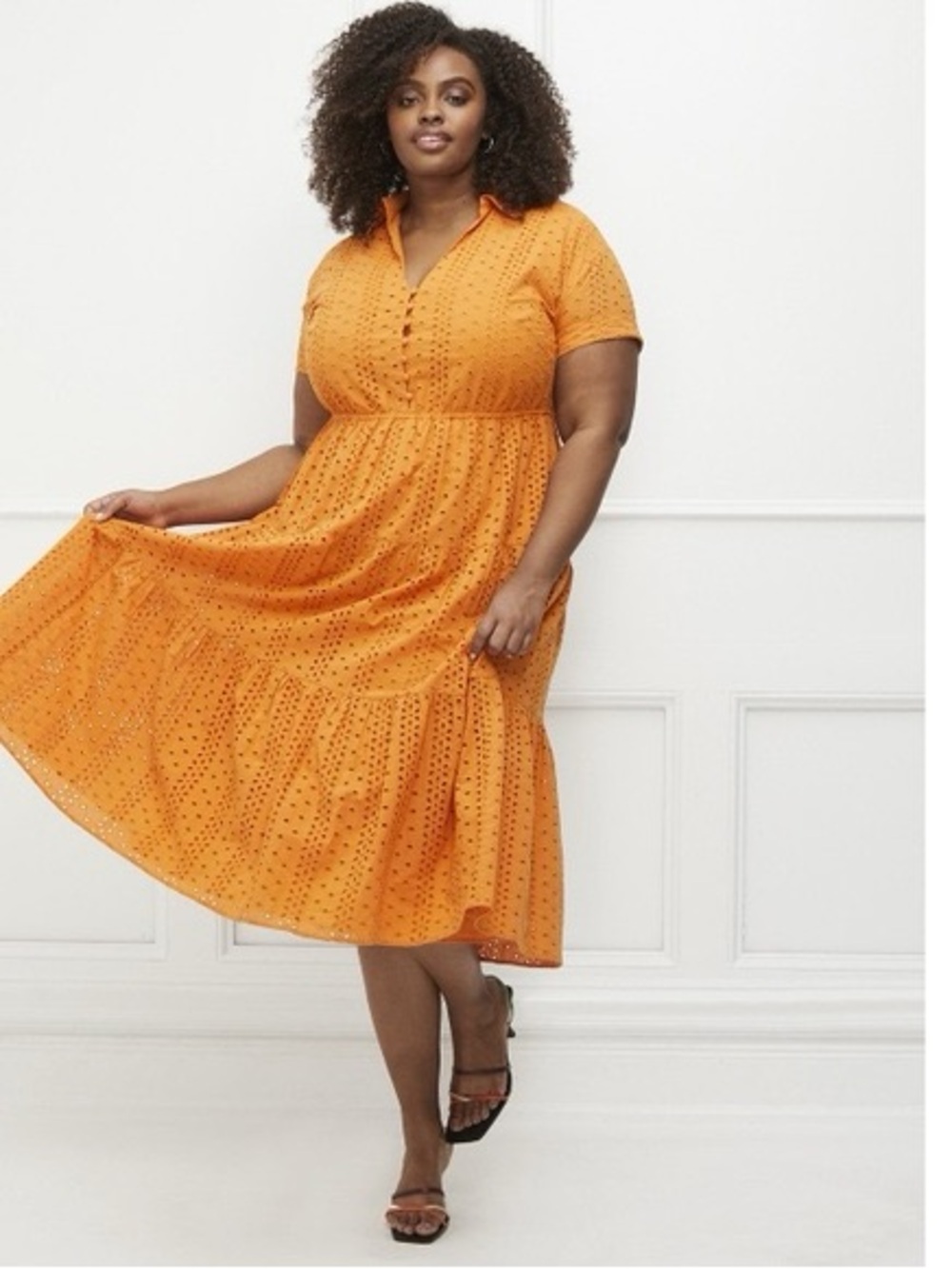 Eloquii Orange Eyelet Collared Midi Dress